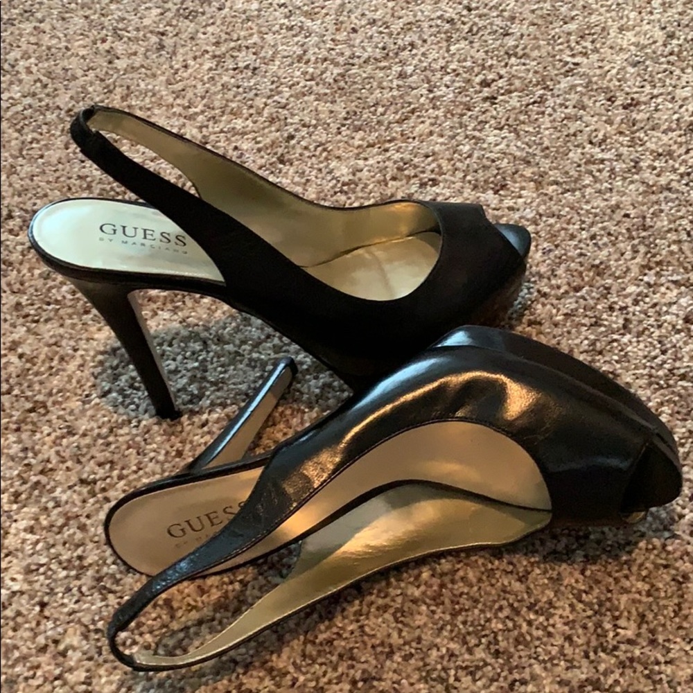 Guess black leather peep toe heels